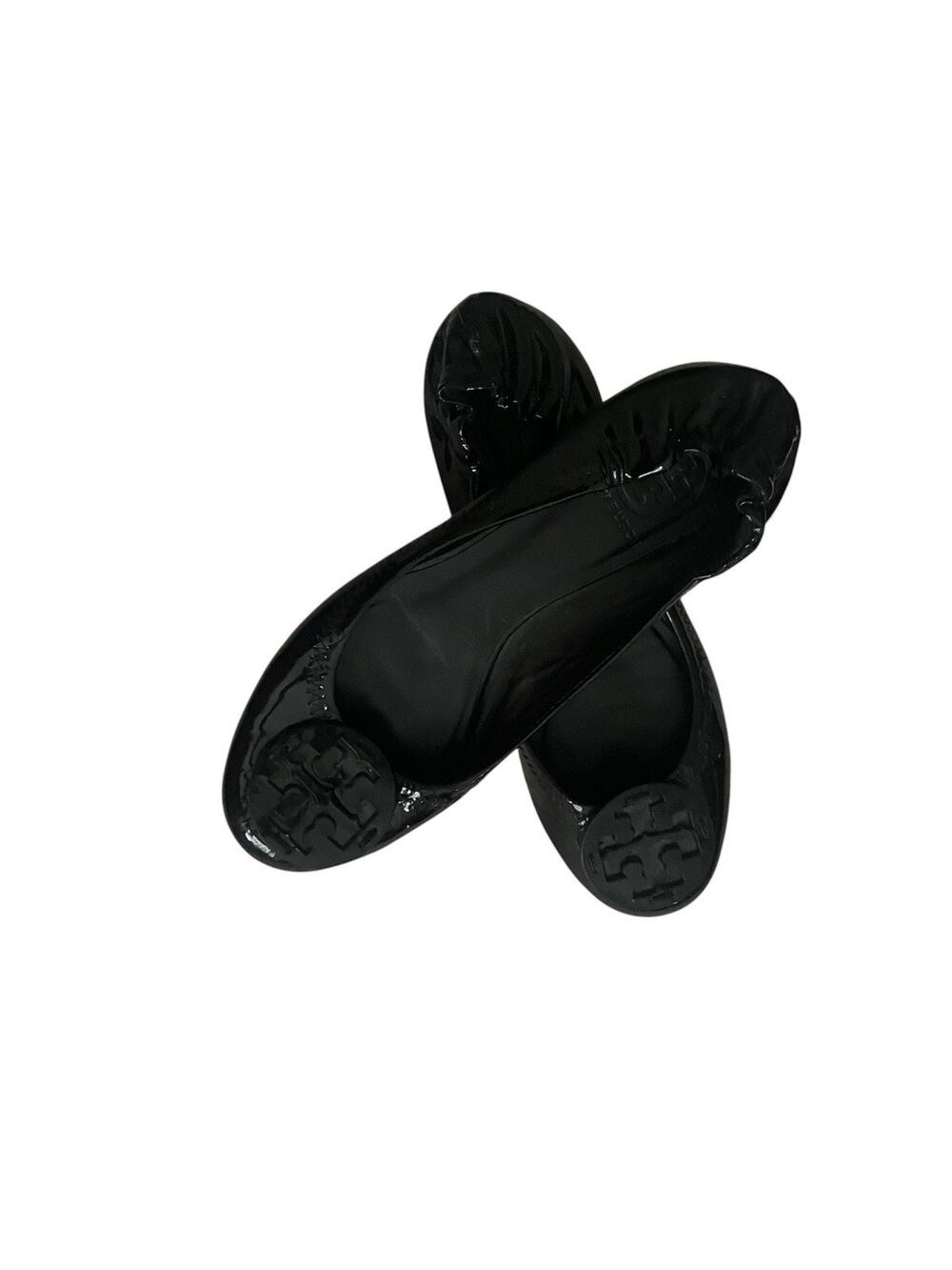 Tory Burch Womens Patent Leather Slip On Ballet Flats Black Logo Shoes 6M